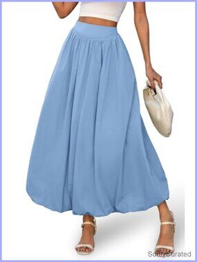 Women's Bubble Maxi Skirt, Elastic Waist Puffy Hem A-Line Flowy Long Skirt with